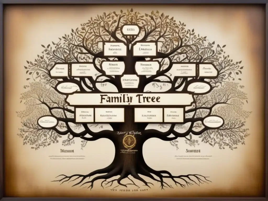 Árbol genealógico vintage: evolución de apellidos en América Un detallado árbol genealógico vintage mostrando la evolución de apellidos en América