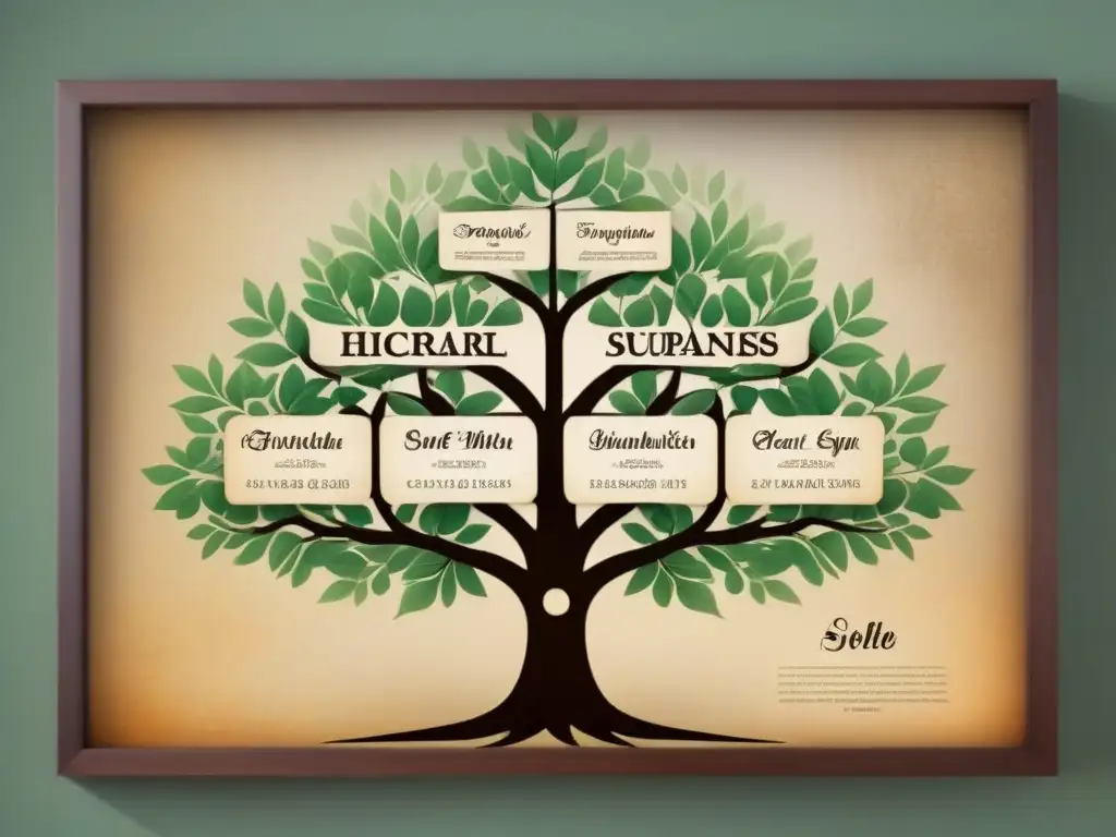 Un detallado árbol genealógico vintage que muestra las conexiones de los antiguos apellidos españoles, con caligrafía delicada en pergamino envejecido