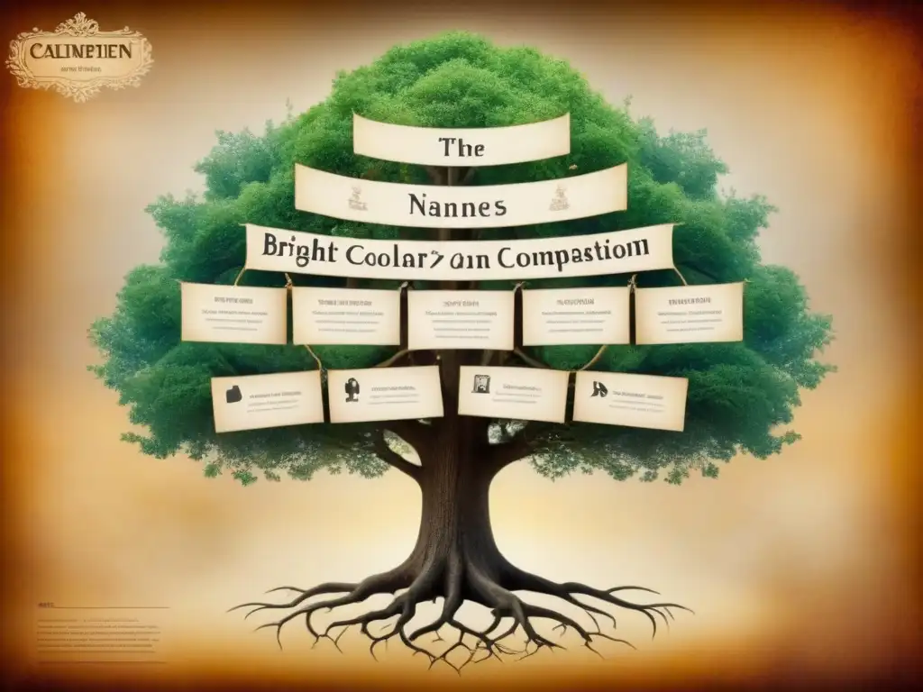 Un detallado árbol genealógico vintage con caligrafía intrincada que muestra la interconexión de varios apellidos y su significado histórico, sobre un fondo de pergamino envejecido para evocar un sentido de linaje y estatus social