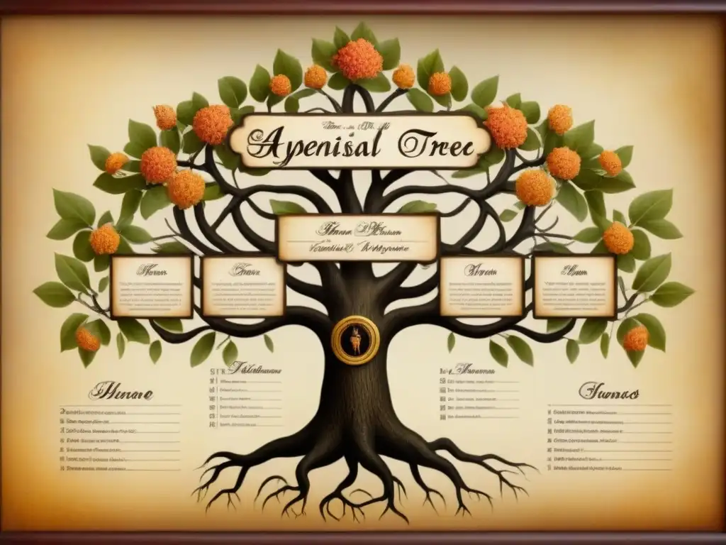 Árbol genealógico vintage: historia de apellidos Un detallado árbol genealógico vintage trazado a mano en pergamino, mostrando la historia de apellidos y genealogía con elegancia y detalle