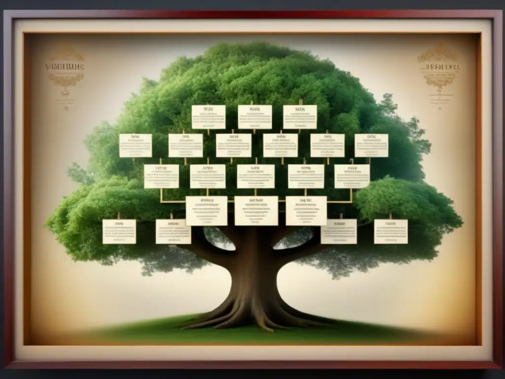 Un detallado árbol genealógico vintage que muestra la evolución de apellidos aristocráticos a lo largo de la historia con caligrafía delicada