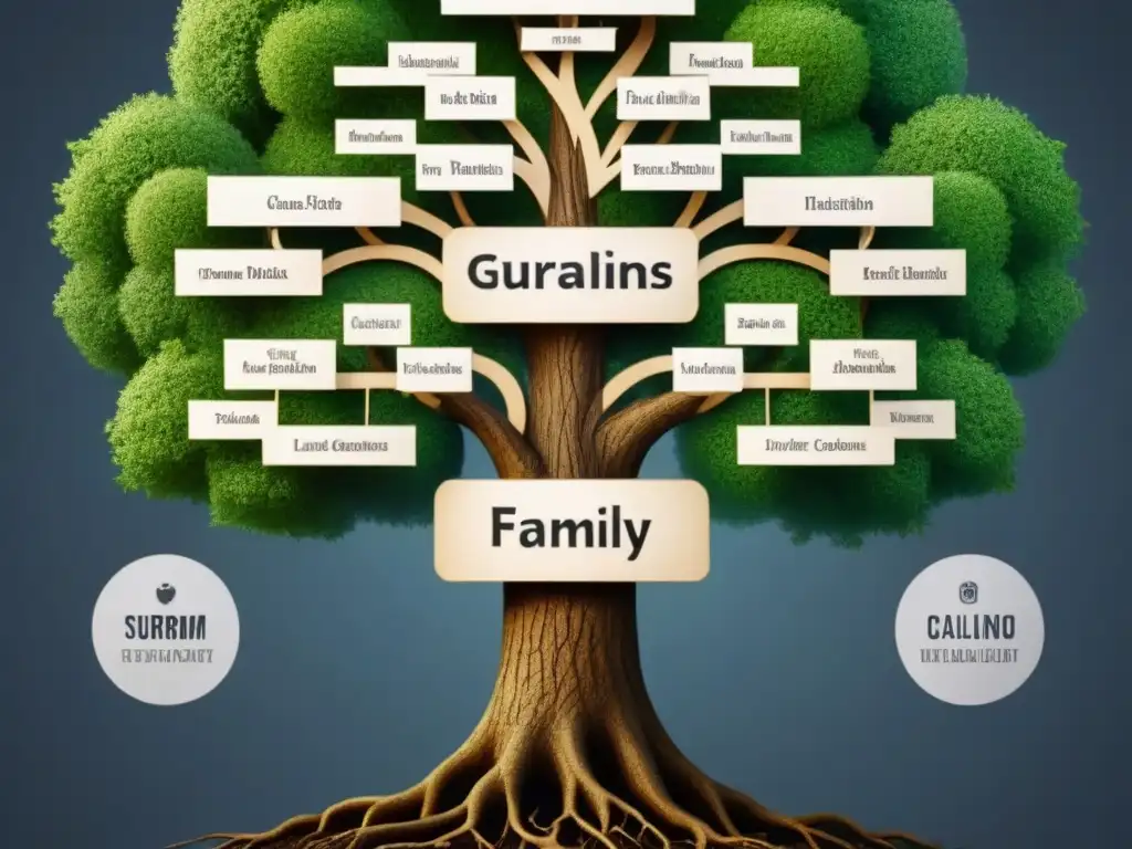 Detallado árbol genealógico vintage que representa la interconexión de apellidos a lo largo de generaciones, reflejando jerarquías sociales