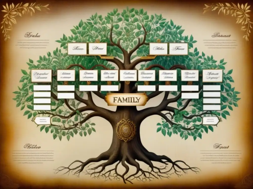 Un detallado árbol genealógico vintage que muestra las conexiones entre diversas dinastías políticas a lo largo de la historia