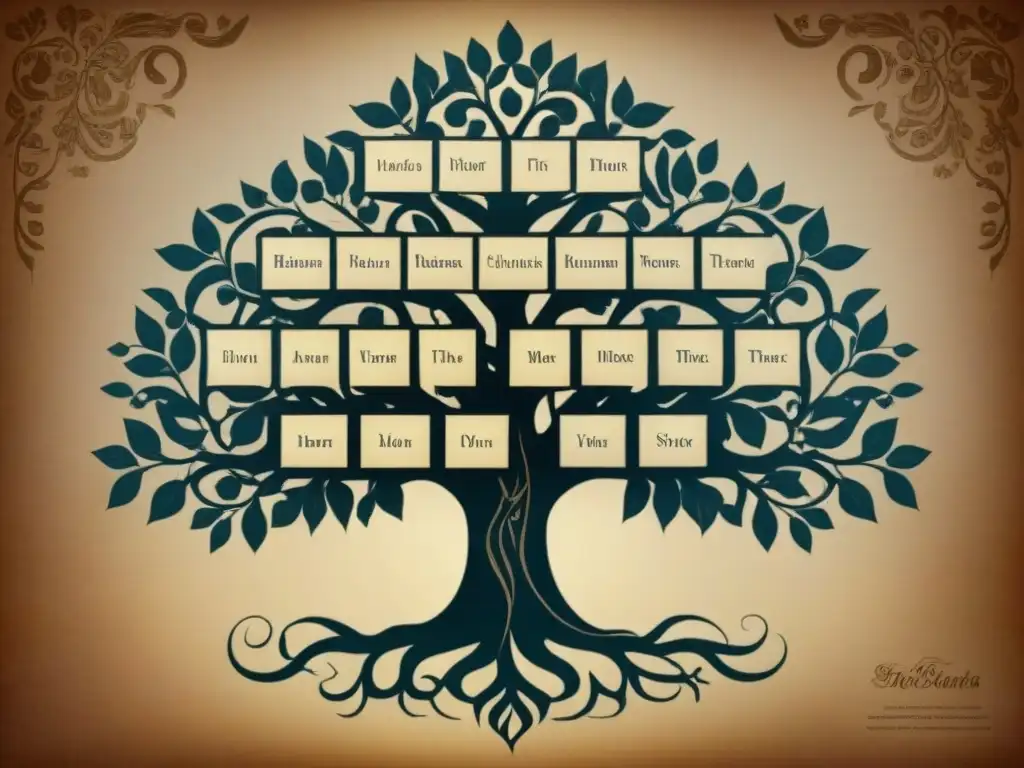 Un detallado árbol genealógico vintage con orígenes y significados de apellidos entrelazados en elegante caligrafía y adornos florales
