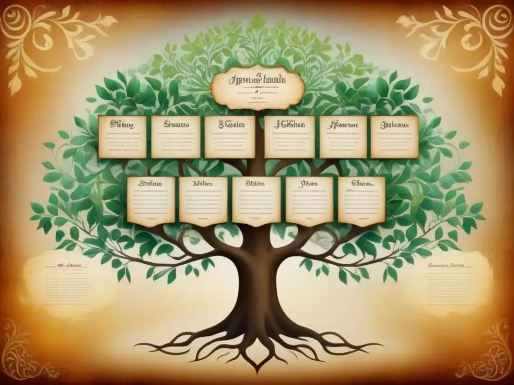 Un detallado árbol genealógico vintage que muestra la historia de apellidos judíos sefardíes con caligrafía ornamental