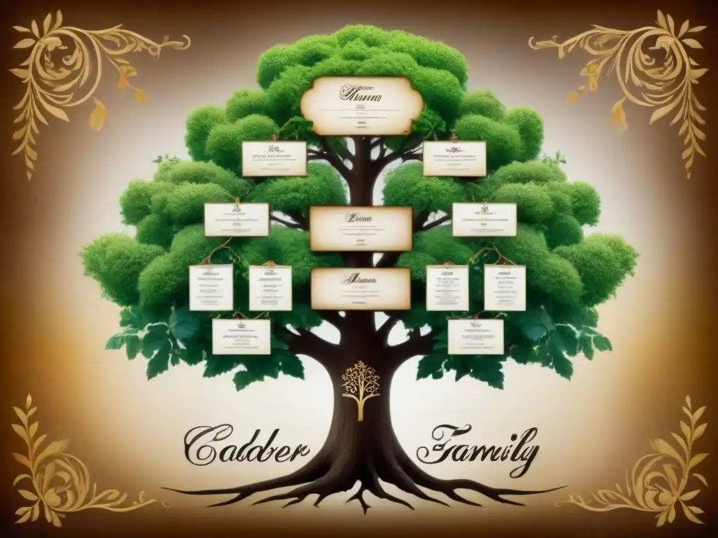 Detallado árbol genealógico vintage de la familia Calderón con caligrafía ornamental y motivos florales, destacando la Historia de apellidos Calderón familiares