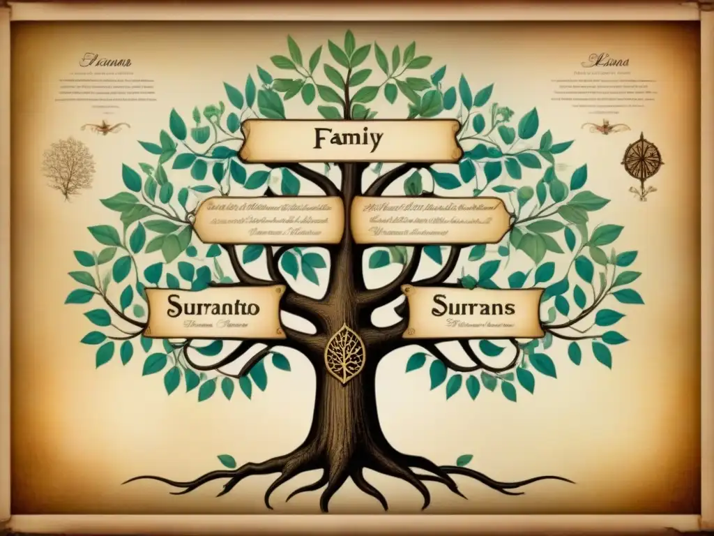 Un detallado árbol genealógico vintage, con nombres de apellidos y leyendas, dibujado a mano en pergamino con tinta desgastada y adornos botánicos