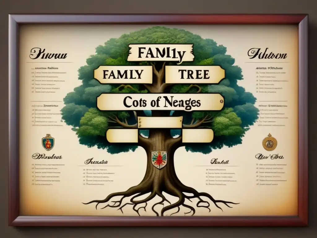 Un detallado árbol genealógico vintage con escudos de armas y caligrafía, ilustrando la historia de apellidos y genealogía