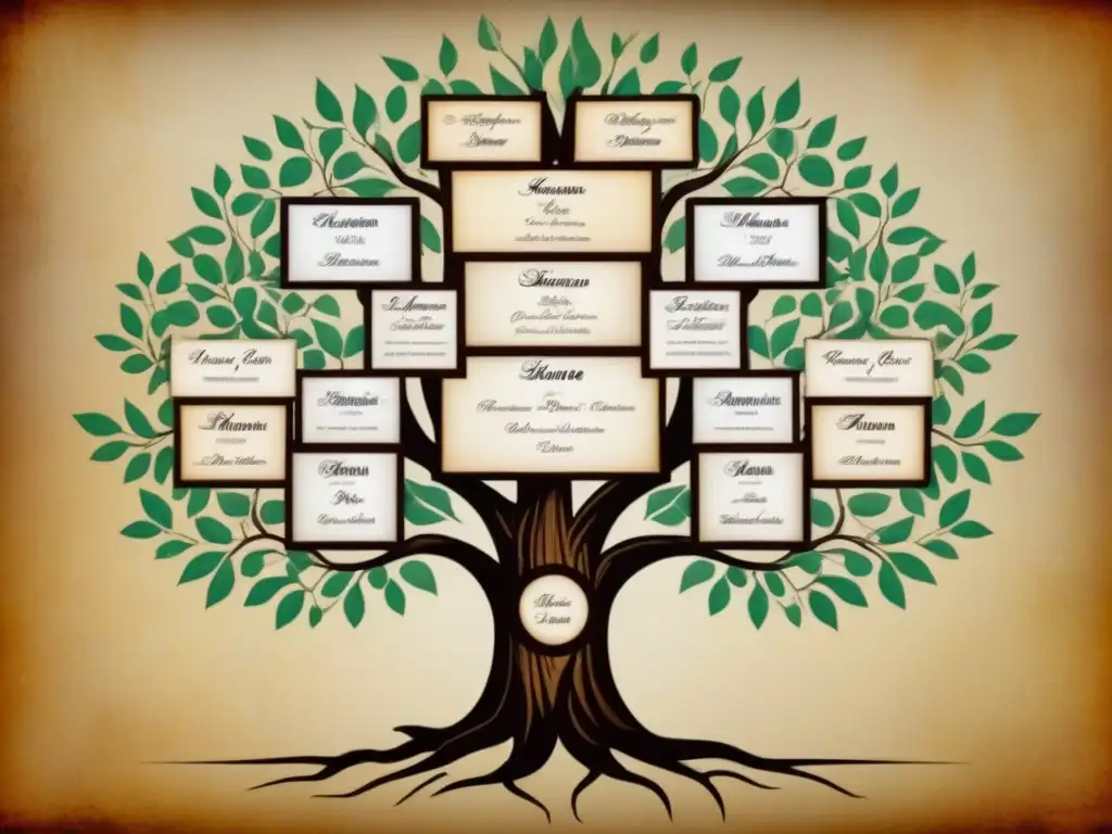 Un detallado árbol genealógico vintage que muestra la evolución de apellidos y linajes a lo largo de la historia