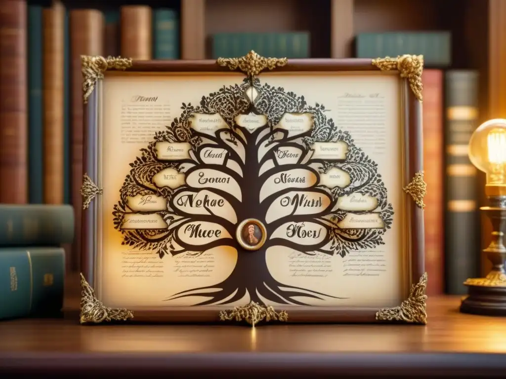 Un detallado árbol genealógico vintage con caligrafía y fotos antiguas en un escenario de biblioteca