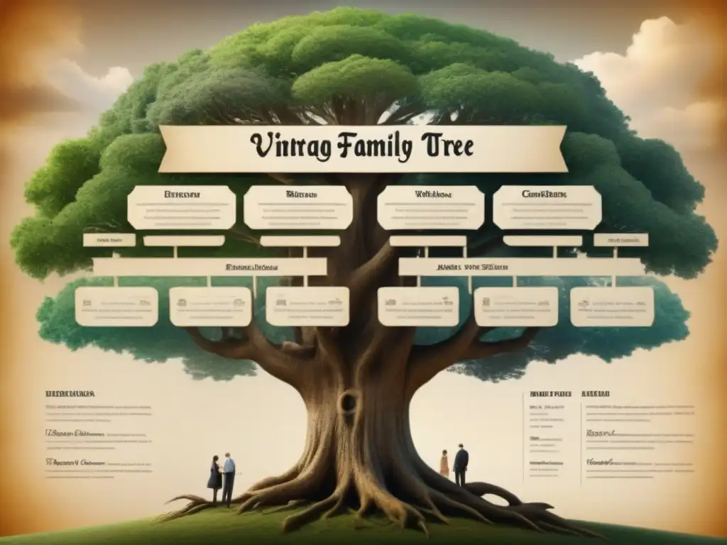 Un detallado árbol genealógico vintage con caligrafía intrincada y colores delicados, mostrando múltiples generaciones de ancestros