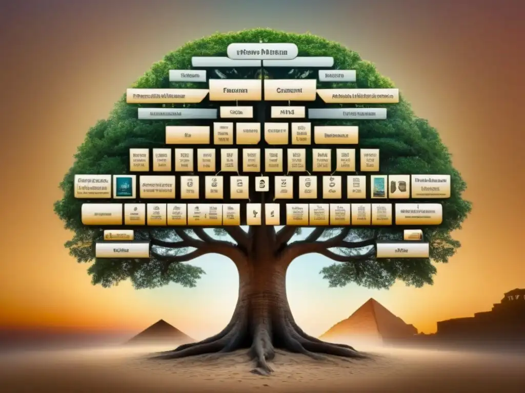 Un detallado árbol genealógico vintage con jeroglíficos egipcios y símbolos antiguos, mostrando la evolución y conexiones de apellidos egipcios a lo largo del tiempo, transmitiendo un sentido de herencia y linaje