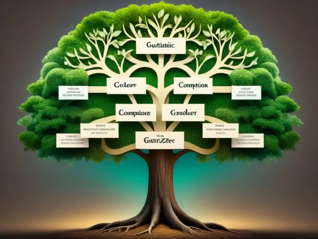 Un detallado árbol genealógico vintage de la historia del apellido Gutiérrez, con caligrafía delicada y retratos de ancestros