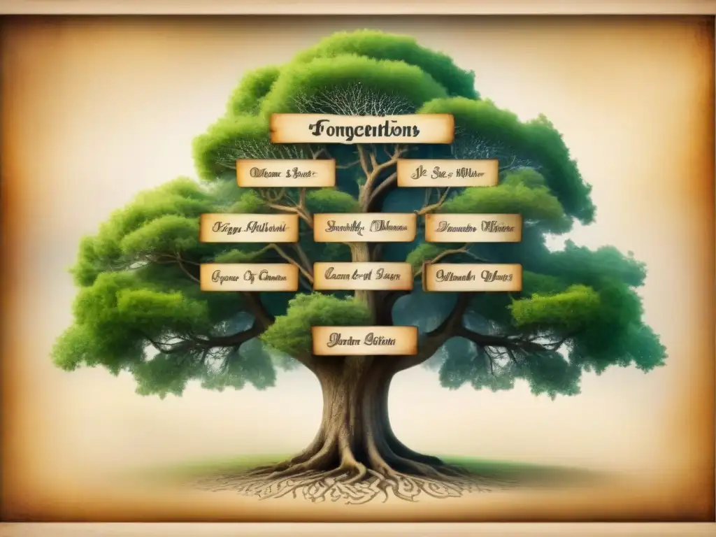 Detallado árbol genealógico vintage de apellidos nobiliarios olvidados, con caligrafía delicada y acuarelas desgastadas, evocando historia y linajes