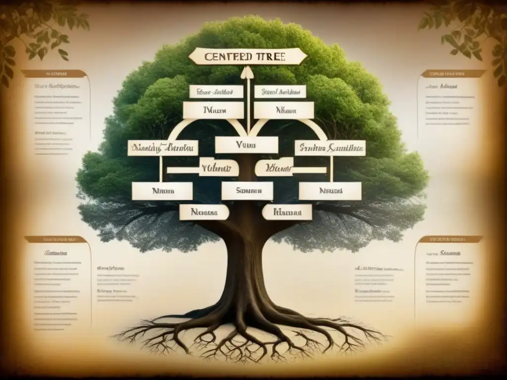 Un detallado árbol genealógico vintage mostrando conexiones entre apellidos nobles europeos, con caligrafía intrincada y tonos sepia