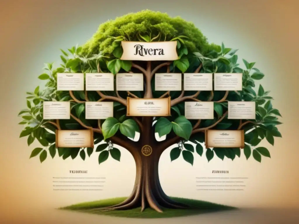 Un detallado árbol genealógico vintage con el nombre 'Rivera' en la parte superior, mostrando fotos antiguas y notas manuscritas