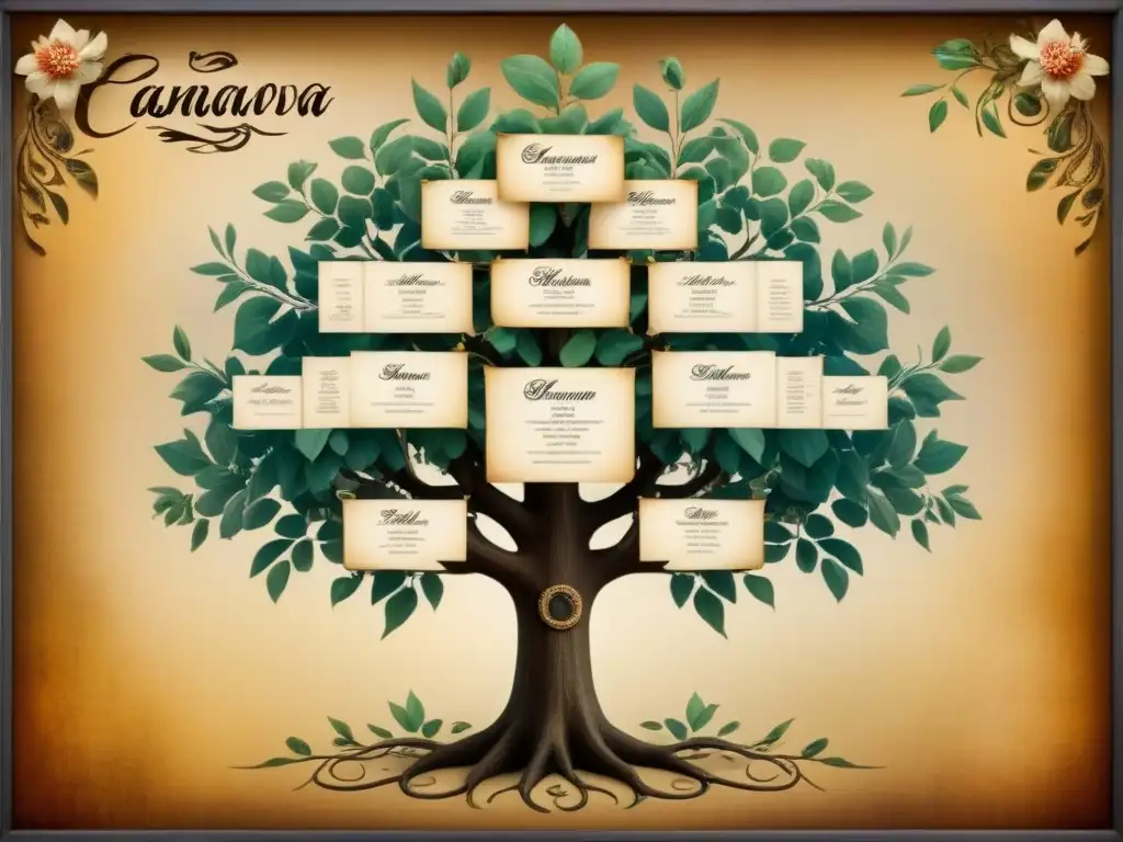 Un detallado árbol genealógico vintage de la familia Casanova con caligrafía ornamental y motivos florales, evocando historia y herencia