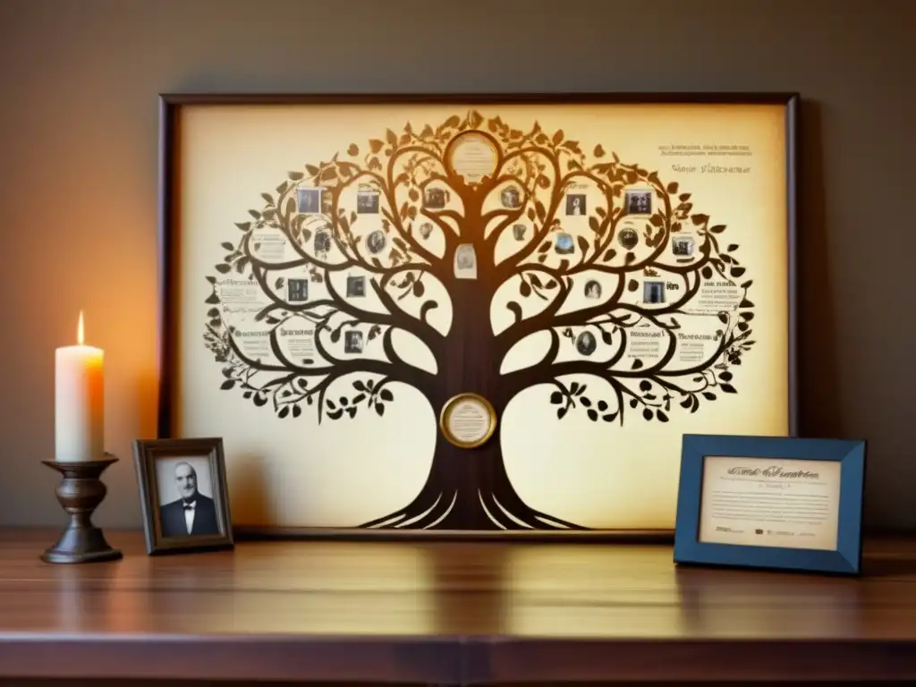 Un detallado árbol genealógico vintage en una mesa de madera, con fotos antiguas en marcos decorativos