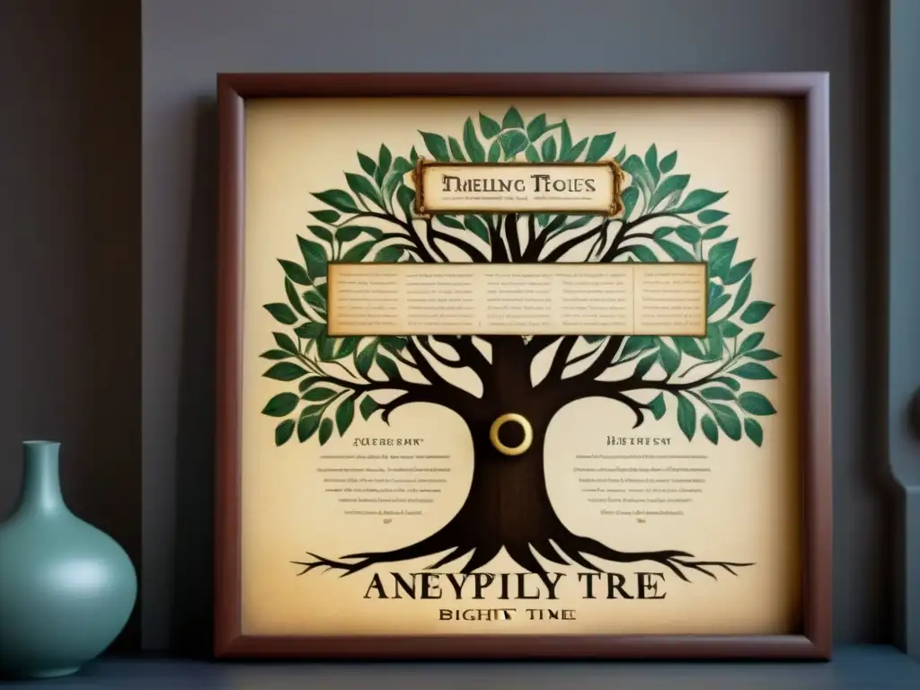 Un detallado árbol genealógico vintage con caligrafía y fotos antiguas en marcos ornamentales