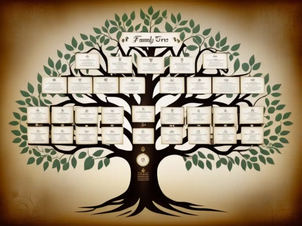 Árbol genealógico vintage: historia familiar detallada en pergamino Detallado árbol genealógico vintage en pergamino con caligrafía y flores sepia, evocando herencia