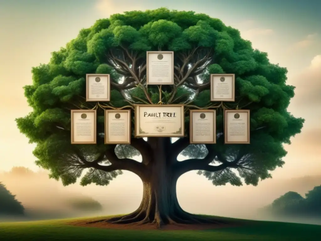 Árbol genealógico vintage: historia y tradición Detallado árbol genealógico vintage con retratos colgando de ramas, evocando historia y tradición