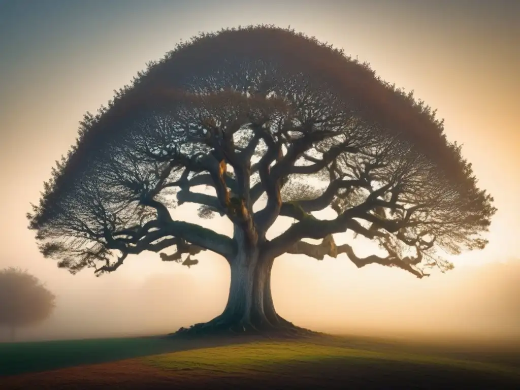 Un detallado árbol genealógico vintage con ramas intrincadas que se extienden, representando generaciones de ancestros unidos