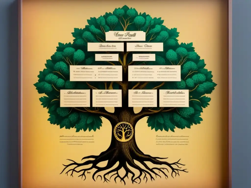 Detallado árbol genealógico vintage en pergamino amarillento, evocando herencia y tradición ancestral