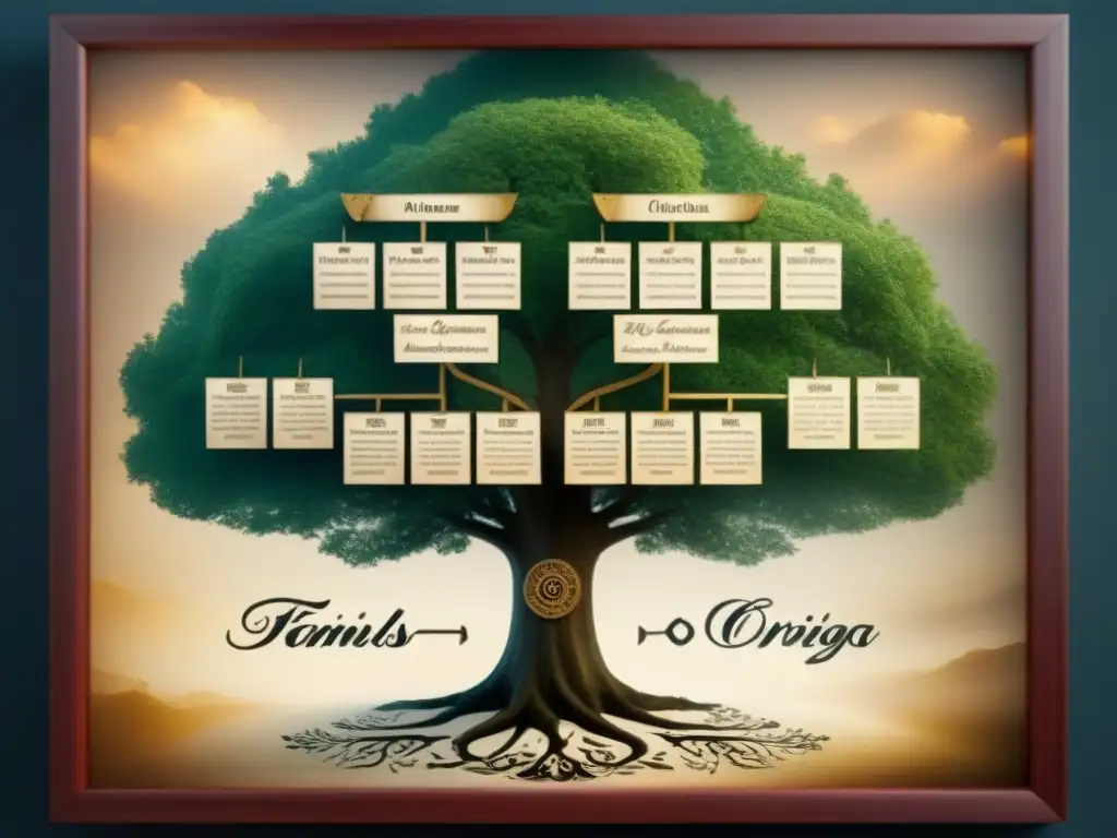 Un detallado árbol genealógico vintage con caligrafía detallada que muestra los Orígenes y significados de apellidos