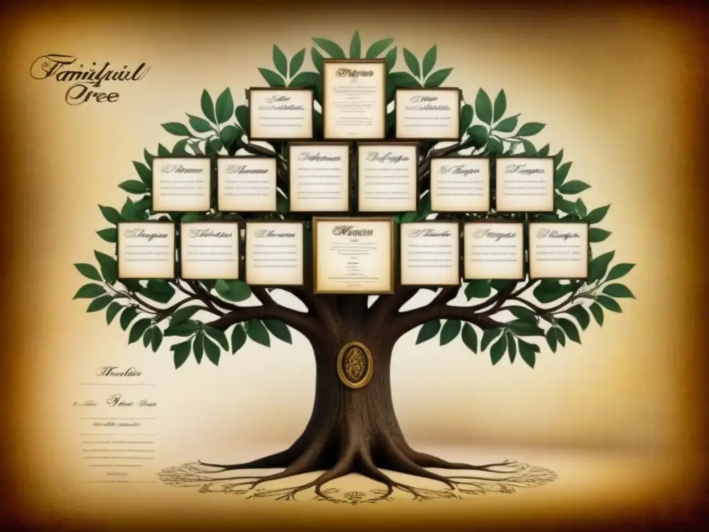 Un detallado árbol genealógico vintage con caligrafía detallada y fotografías sepia de ancestros, mostrando el origen y significado de apellidos