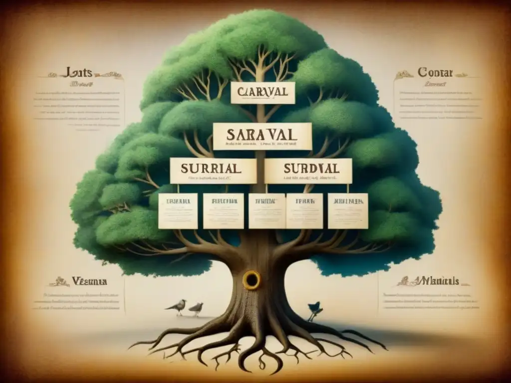 Un detallado árbol genealógico vintage de la historia del apellido Carvajal, con elegante caligrafía y adornos históricos