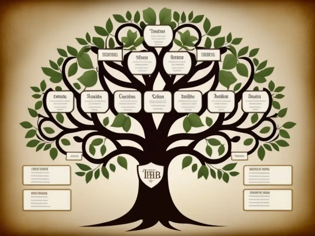 Un detallado árbol genealógico vintage con caligrafía, simbolizando el origen y evolución de apellidos