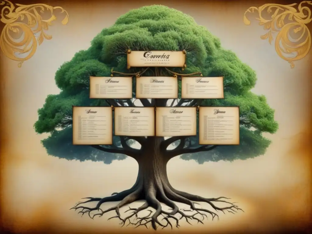 Un detallado árbol genealógico vintage de la familia Covarrubias con caligrafía ornamental detallando la historia del linaje Covarrubias