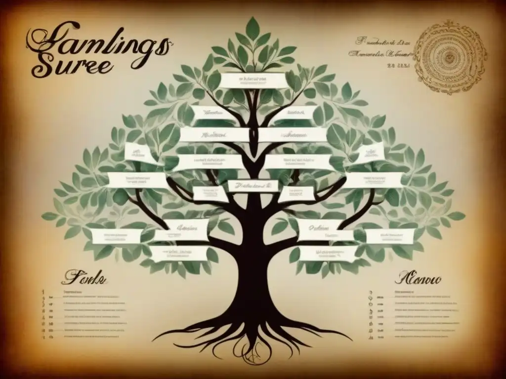 Un detallado árbol genealógico vintage de la historia del apellido Cordero, con caligrafía delicada y tonos sepia nostálgicos