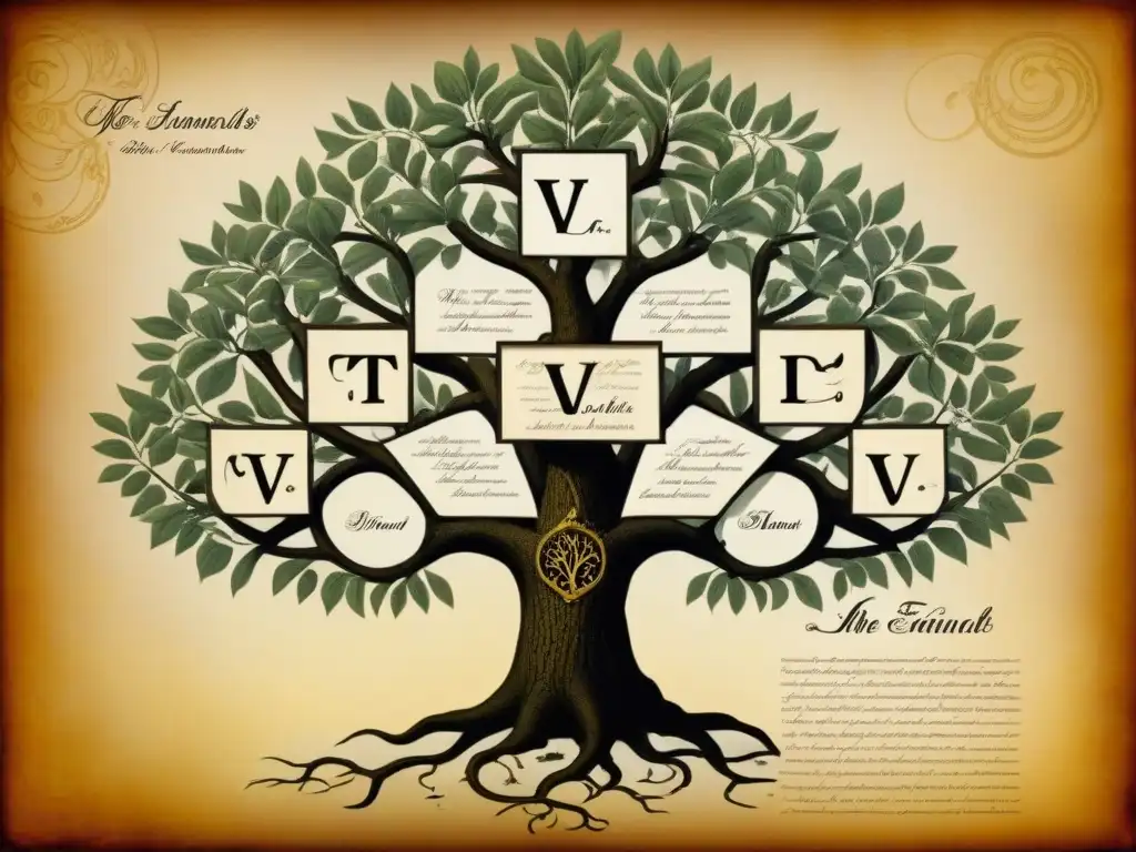 Un detallado árbol genealógico vintage ilustrando la historia y evolución de apellidos con la letra 'V' a lo largo de los siglos