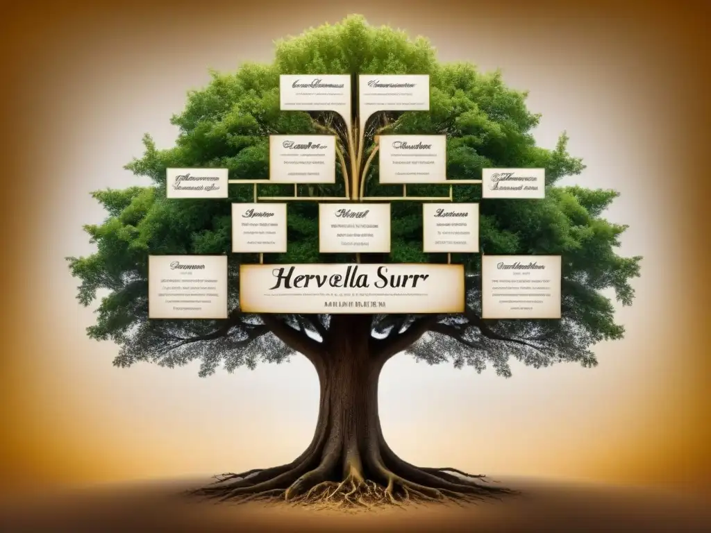 Un detallado árbol genealógico vintage del apellido Hervella, resaltando conexiones y hitos clave