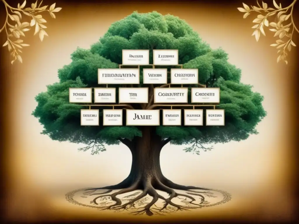 Un detallado árbol genealógico vintage de la evolución del apellido Jaime en caligrafía, con bordes intrincados y tonos sepia