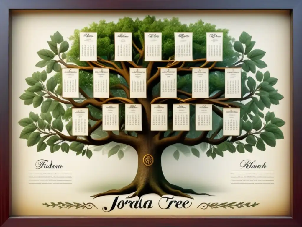 Un detallado árbol genealógico vintage de la familia Jordán, con nombres en caligrafía, retratos sepia y símbolos históricos