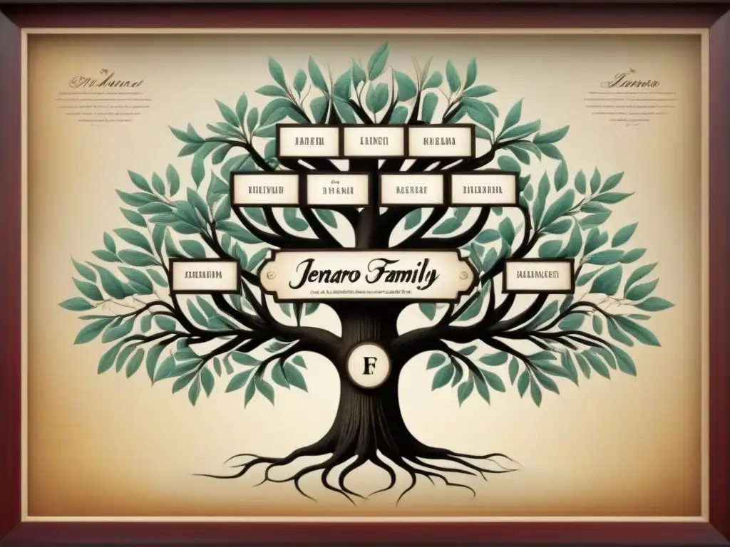 Un detallado árbol genealógico vintage de la familia Jenaro, con caligrafía elegante y detalles florales, simbolizando la historia del apellido Jenaro