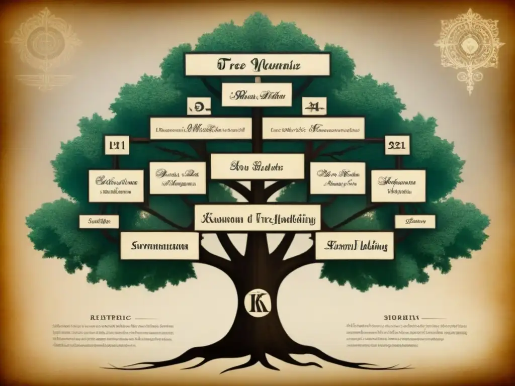 Un detallado árbol genealógico vintage de apellidos con K a lo largo de la historia