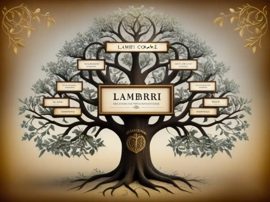 Un detallado árbol genealógico vintage de la familia Lambarri, con caligrafía ornamental y tonos sepia que evocan historia y prestigio