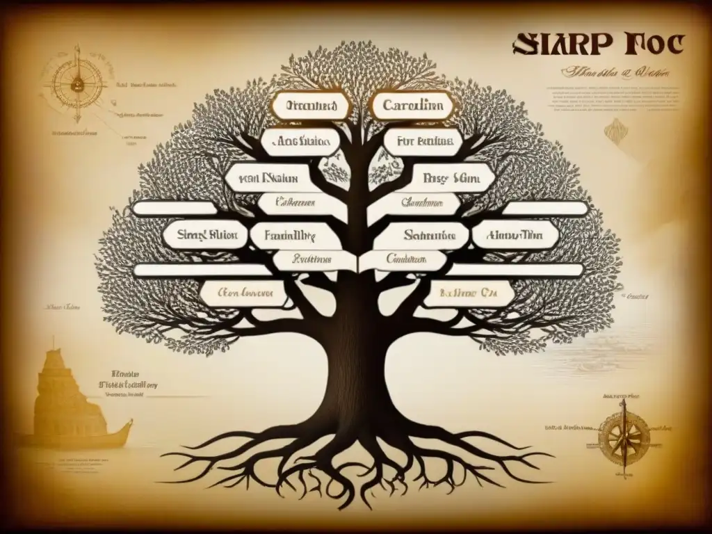 Un detallado árbol genealógico vintage de la familia Latorre, con tonos sepia y caligrafía delicada, sobre un mapa antiguo de rutas marítimas