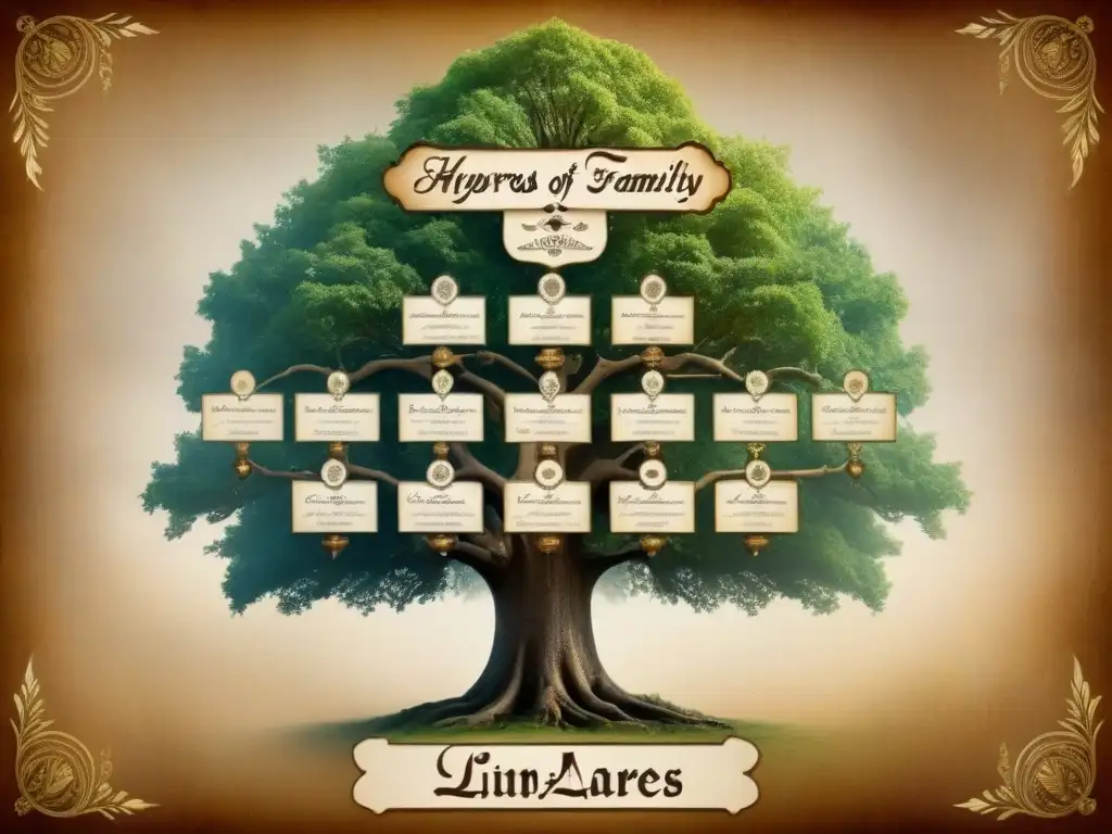 Árbol genealógico detallado de la familia Linares: nobleza y herencia ancestral Un detallado árbol genealógico vintage de la familia Linares, con ilustraciones y tonos sepia que evocan nobleza y herencia