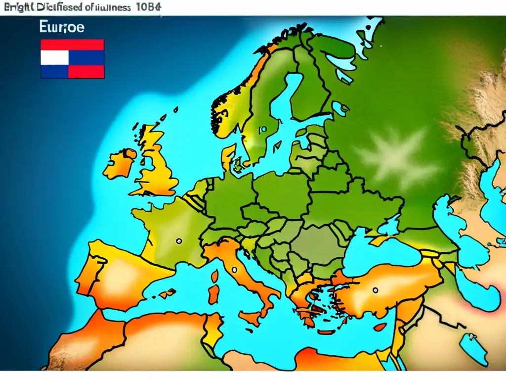 Detallado mapamundi vintage Europa, bordes cambiantes por guerras, evolución apellidos europeos