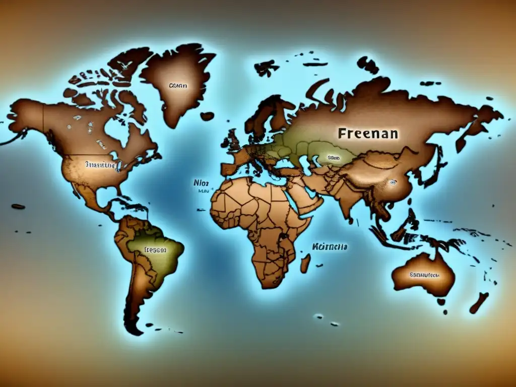 Mapa detallado de la migración del apellido Freeman: historia en sepia Un detallado y complejo mapa vintage que muestra las rutas de migración del apellido Freeman a lo largo de la historia, con tonos sepia desvaídos y caligrafía elegante etiquetando diferentes regiones y períodos de tiempo