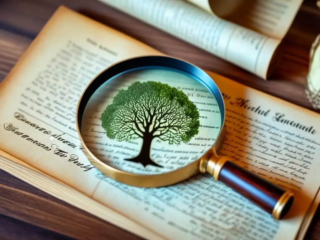 Genealogía detallada: historia familiar en lupa Un detallado dibujo vintage de un árbol genealógico antiguo con una lupa resaltando detalles