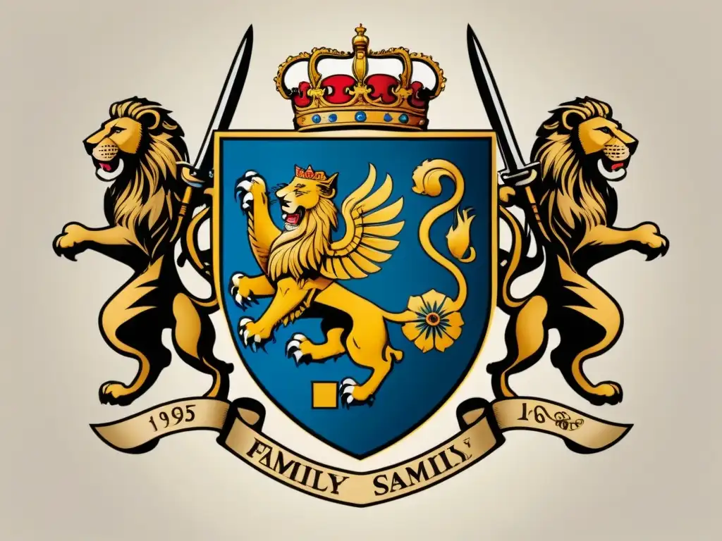 Detallado escudo de armas familiar con símbolos y colores que representan valores y linaje noble