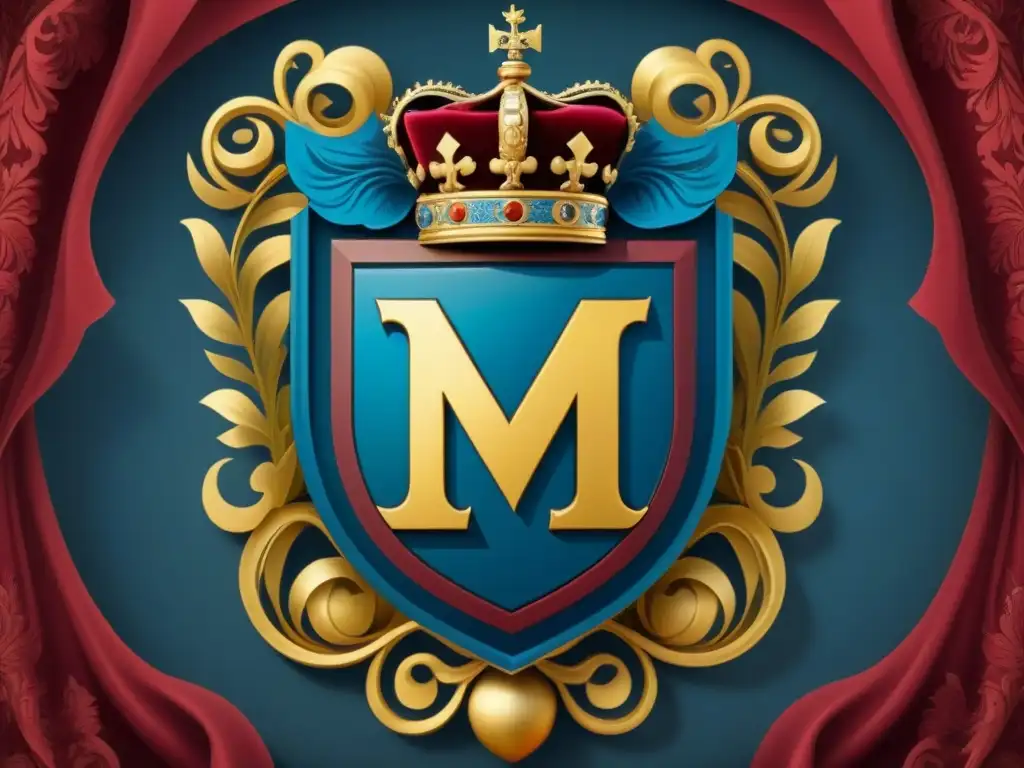 Detallado escudo familiar con la letra 'M' rodeada de símbolos de nobleza en tonos dorados y azules, evocando Historia de apellidos nobles M