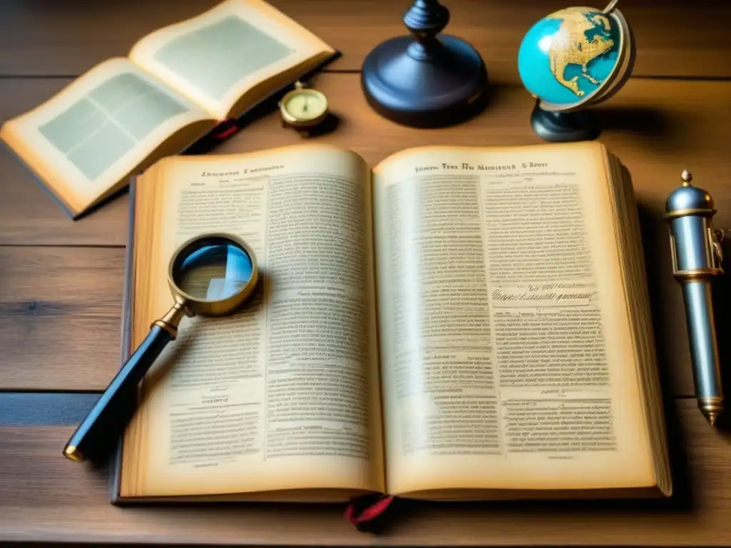 Detallado libro de genealogía antiguo con árboles familiares escritos a mano y apellidos raros, rodeado de accesorios vintage