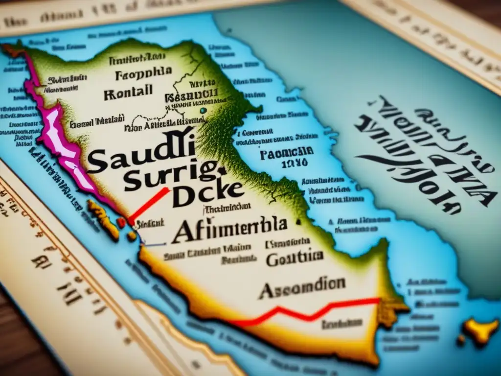 Detallado mapa antiguo de Arabia con caligrafía, historia de apellidos y linajes sauditas