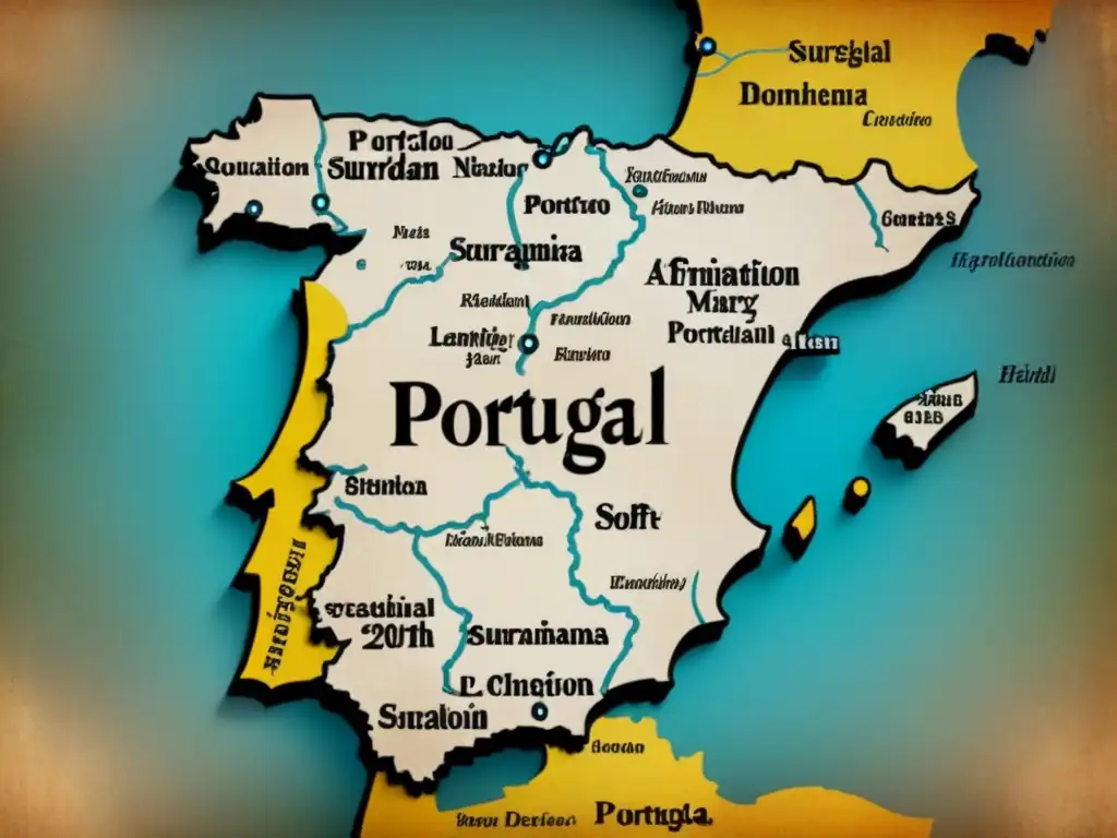 Detallado mapa antiguo de Portugal con historia de apellidos portugueses evolución en caligrafía y colores vibrantes